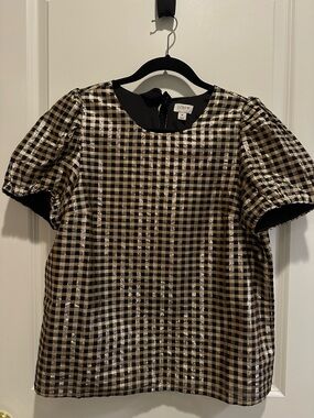 J. Crew Black and Gold Gingham Puff-Sleeve Top
